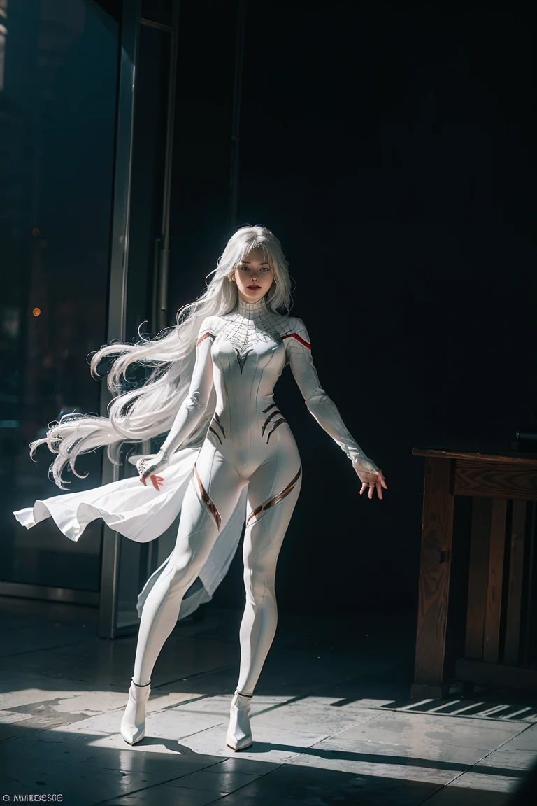 (((full body photo))) (CG Unity 8K wallpaper in extreme detail,tmasterpiece,Highest image quality),(Delicate light and shadow,The picture is highly dramatic,Cinematic lens effect),A girl in a white Spider-Man costume,Silver-gray hair color,From the Spider-Man parallel universe,Wenger,Marvel,Spidey,are standing,dynamicposes),(Exceptional detail,The lighting effect is outstanding,Vista wide angle),(Excellent rendering,Enough to stand out from the crowd),The focus is on the white Spider-Man costume,Complex spider textures