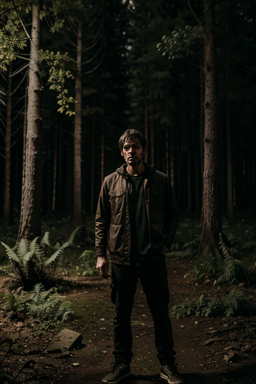 Scared man in the middle of a forest at night