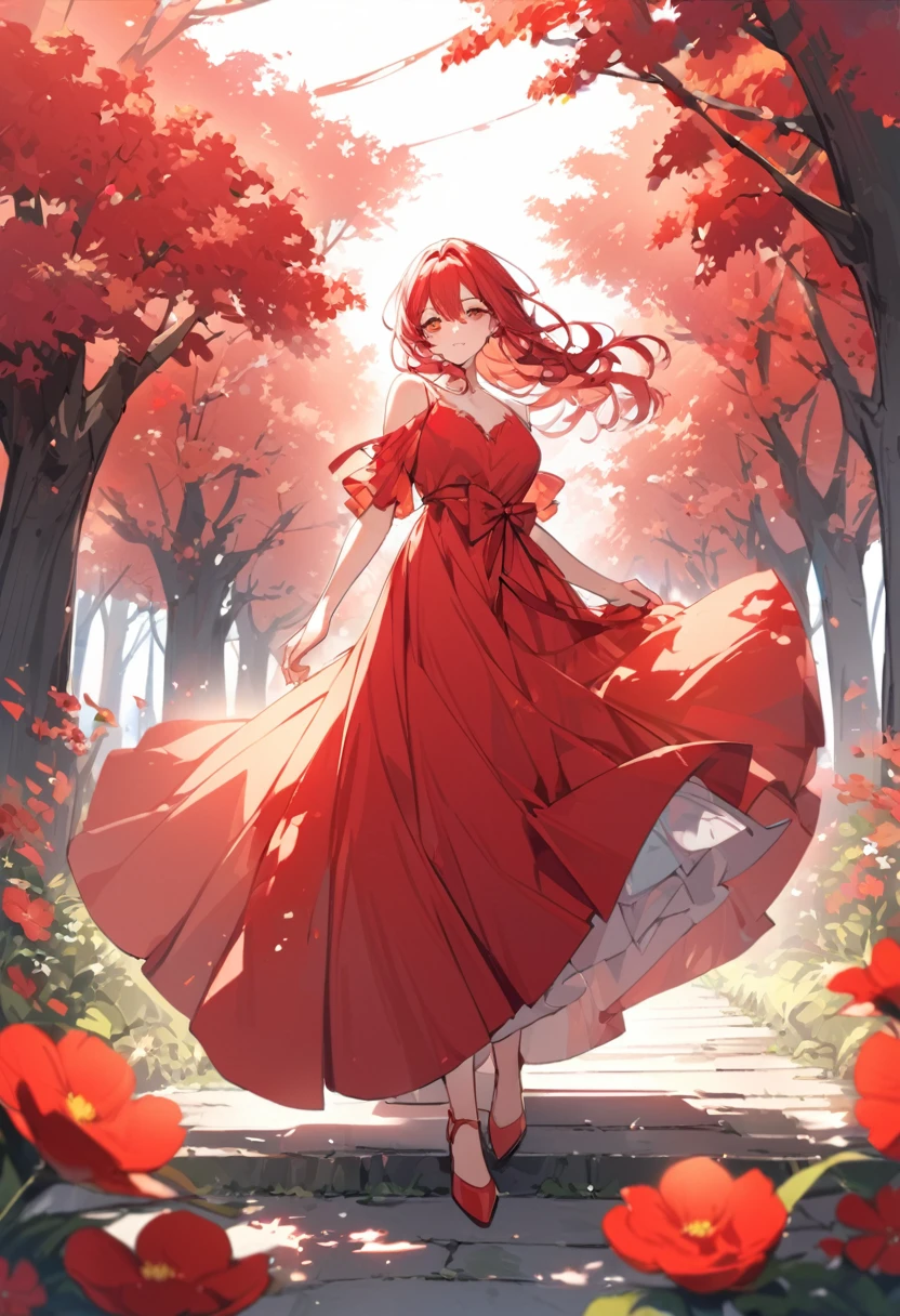 A beautiful midsummer woman in a bright red long dress