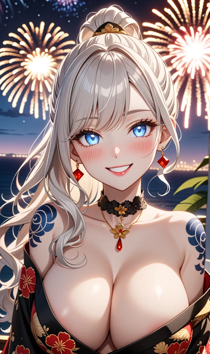 ultra-detailed, ((one girl)), (pale skin:1.5),  fair-skinned gyaru, ((Girl in black kimono)),  (heavy makeup), (professional lighting), hyper detailed, absurdres, 8k, Beautiful Face, (Laugh shyly), ((teasing smile:1.2)), ((happy smile:1.4)),  ((Wink:1.4)), (Laugh with your mouth wide open),((Tilt your face:1.6)), View your viewers, ((full-face blush:1.4)), Glossy Red Lips, ((huge breasts:1.6)), undressing, ((She is undressed up to her shoulders, highlighting her cleavage.)), ((Shoulder Tattoo:1.3)), summer, night,Observatory with a view of the sea, firework, ((Anime style background)),masterpiece, Highest quality, so beautiful,Latest, Complex details, ((red long nail:1.2)), (ring),(bracelet), (Floral Choker),AI-generated, Complex,High resolution, Highest quality, super high quality,3D Images、3D Images,One person, (Silver White hair),Long Hair, (White high ponytail), (wavy hair:1.3)), Anime woman posing for a photo, ((Eyes with detailed pupils、blue eyes、glowing eyes:1.3)), (Squint your eyes:1.1),a hyperRealistic , hyperRealistic , Realistic,Anime woman with long white hair, Smooth anime CG art, ((A girl in a gorgeous black kimono:1.2)), ((black furisode:1.3)),Gold embroidery, (Large floral pattern in red color),  (sideboob), (Long red flower hair ornament),(big floral earrings), Mature Body, tall,Narrow waist, (extreme close-up shot),((dutch angle)),