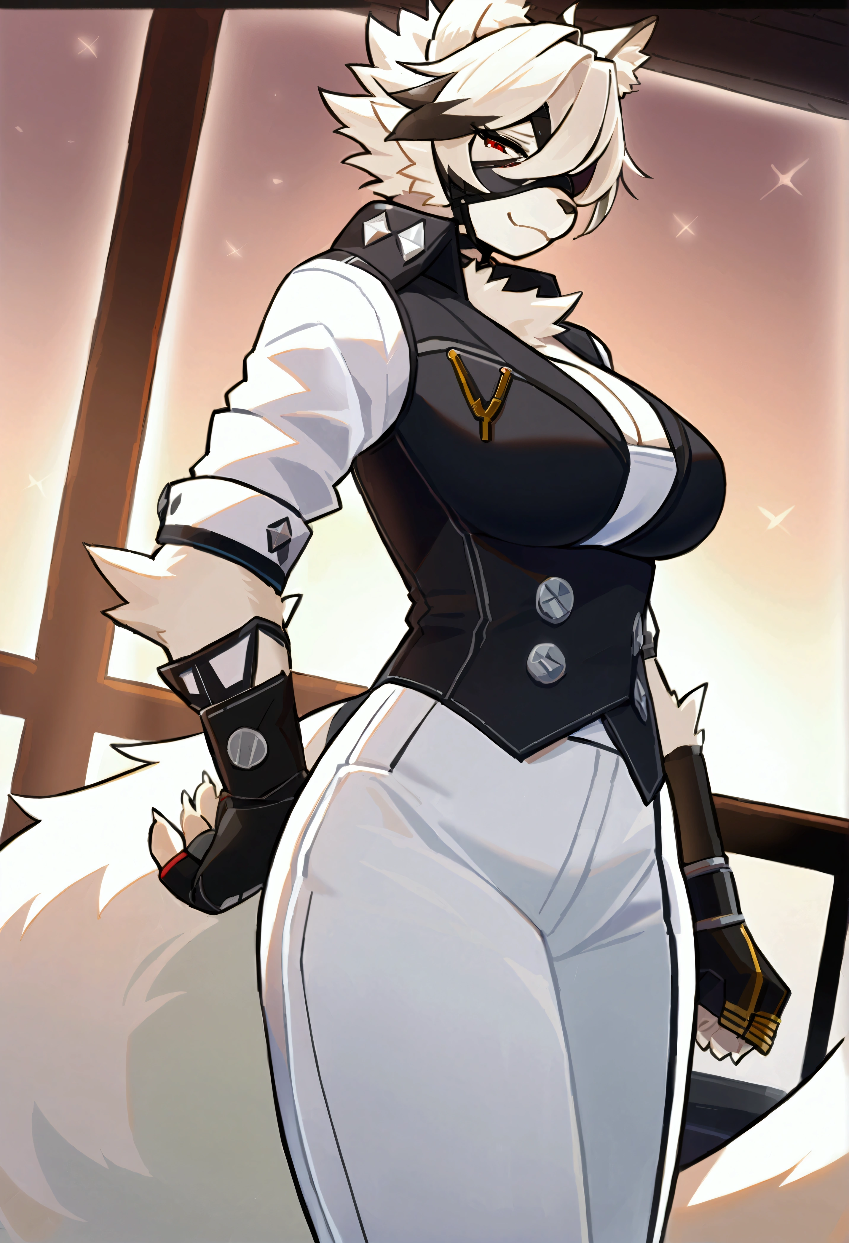 top quality, best quality, by yamame513, High-quality illustrations, masterpiece, uploaded on e621)(kemono, furry, anthro, alone), Zenless Zone Zero, round, 1 female, hot mother figure, very detailed body, white wolf, Von Lycaon, (Zenless Zone Zero), white fur, fluffy, big breasts, tail, perfect eyes, red eyes, eye patch, butler clothes, room, body movement, body twitching, shy smile, red blushing, looking at viewer,