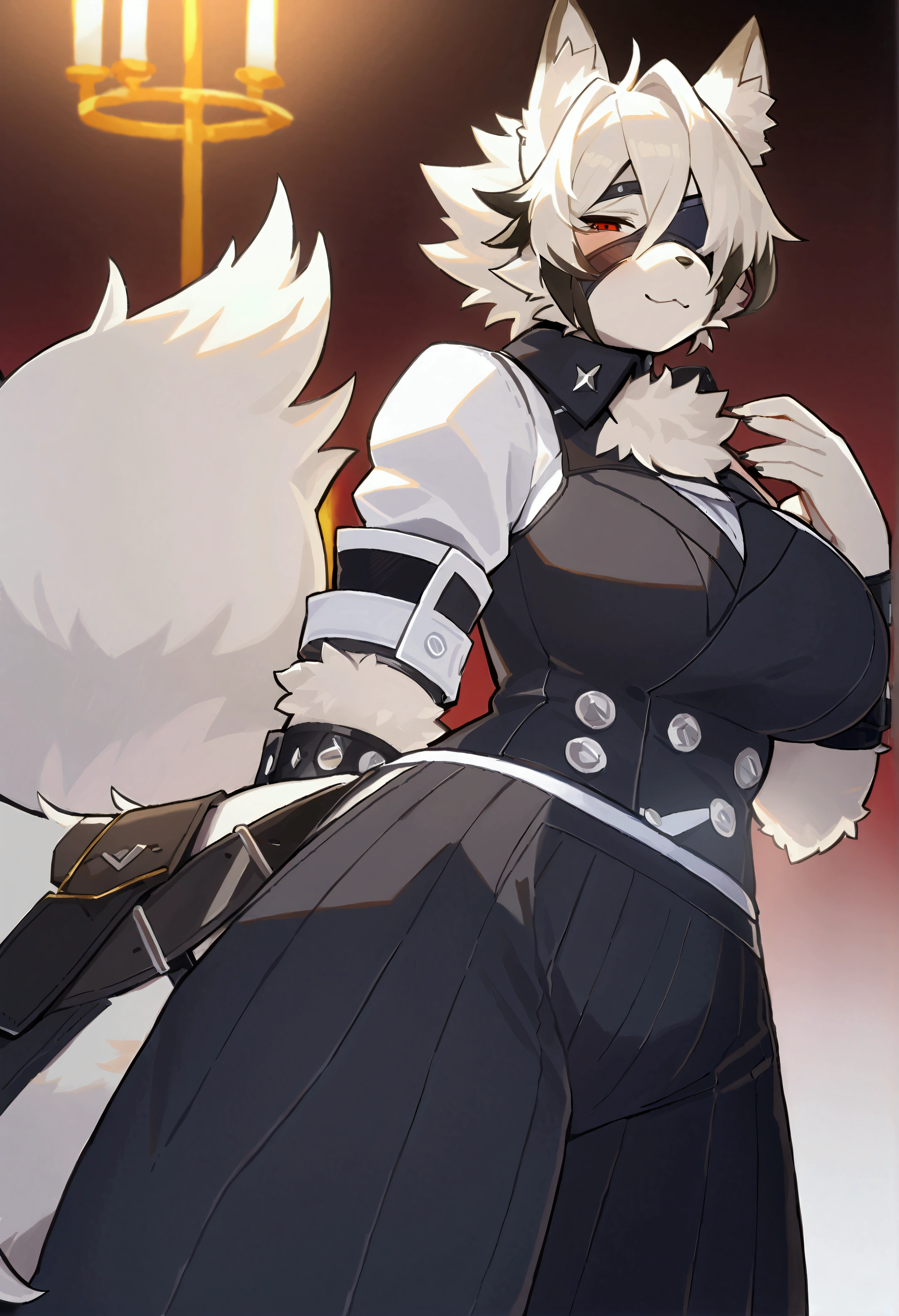 top quality, best quality, by yamame513, High-quality illustrations, masterpiece, uploaded on e621)(kemono, furry, anthro, alone), Zenless Zone Zero, round, 1 female, hot mother figure, very detailed body, white wolf, Von Lycaon, (Zenless Zone Zero), white fur, fluffy, big breasts, tail, perfect eyes, red eyes, eye patch, butler clothes, room, body movement, body twitching, shy smile, red blushing, looking at viewer,