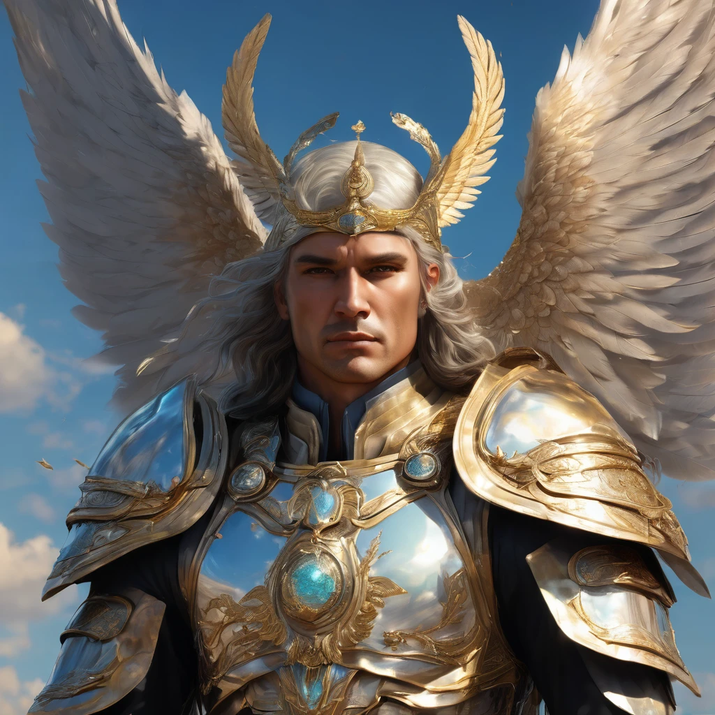 portrait angel man omega celestial with sacred armor, falling angel feathers, in the style of realism, 8k, estilo Angel Sanctuary, realisitic 