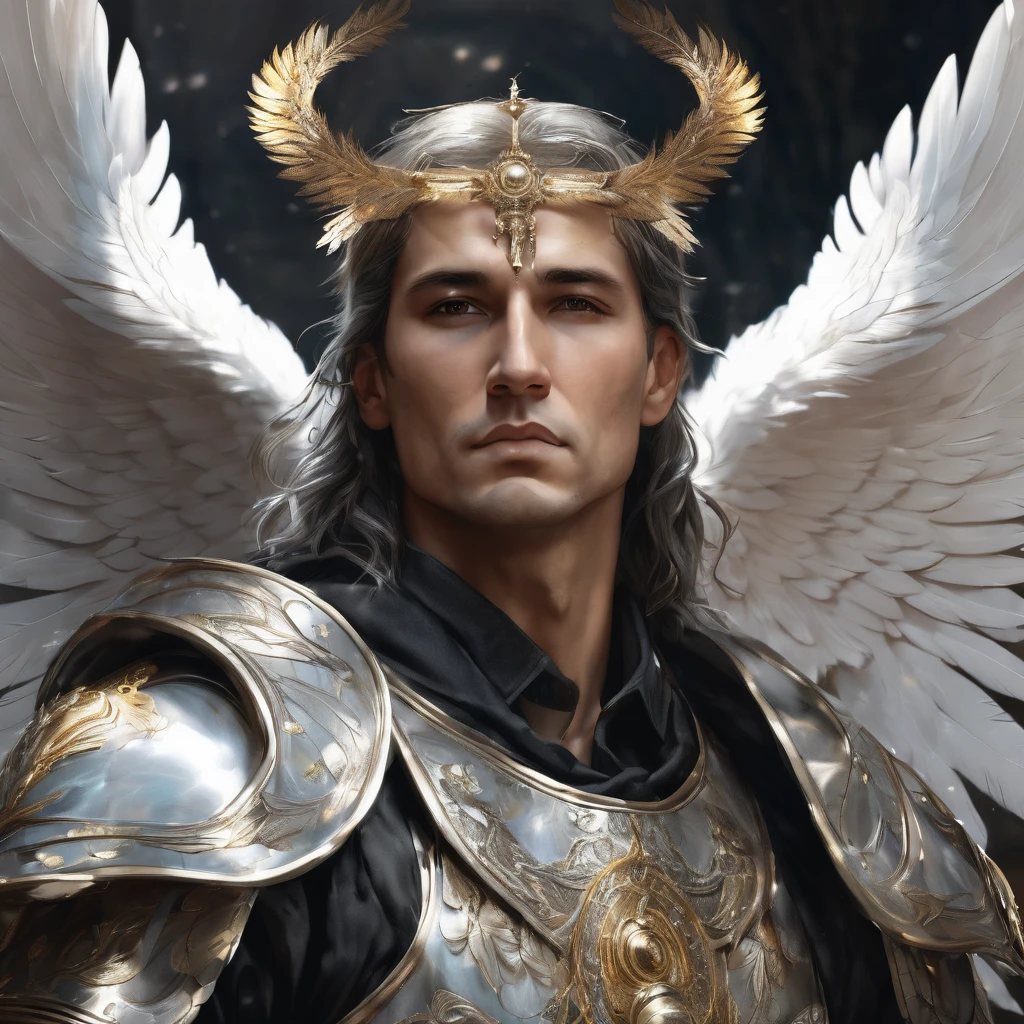 portrait angel man omega celestial with sacred armor, falling angel feathers, in the style of realism, 8k, estilo Angel Sanctuary, realisitic 