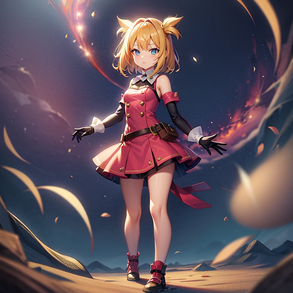 ((Adventurer)),pink mini dress,mini skirt,In a naughty way,e litiny ,Small girildish face, Very fine clean face,Top quality,Straight Hair,Yellow hair,(Dark Room), Subtle Light, Natural light,Soft lighting,Light from directly behind,(Open your hands), (Are standing),Front view,Black background
