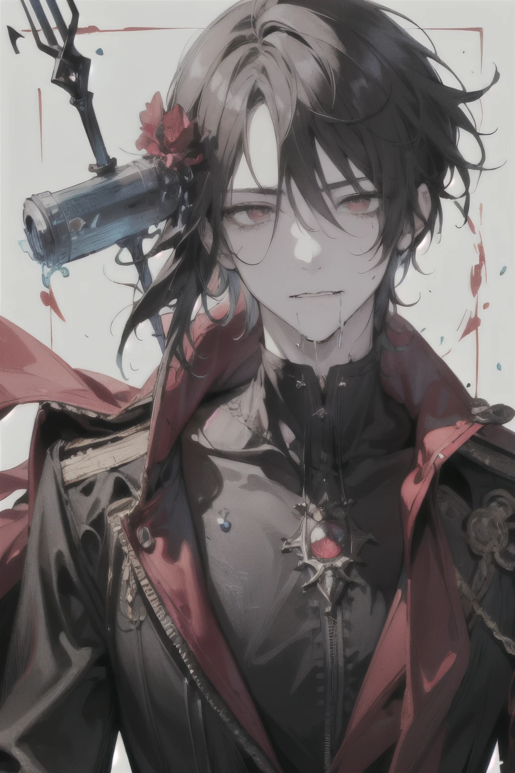 Blackn clothes,Red and black scarf,white backgrounid,(Masterpiece, Best quality: 1.2), Solo, Red eyeale focus, Essence strong, 1boy, Smile, looking at viewert, Black T-shirt,{An extremely handsome boy}, 8K wallpaper, {{{Masterpiece}}},Exquisite facial features,(((best qualityer))), ((Ultra-detailed)), ((illustration)),Male focus, Looking up,No Pupil,((Empty eyes)),Drooling,with her mouth open,Glowing eyes,(Expressionless),with her mouth open, ((Dark_Persona:1)), ((Heroes)), ((Masks)), clenched_teeth,,((),((Wet)), (),licking foot, Skinny, full body shot shot,malefocus,(((short detailed hair:1.4))),((solo person)),((Male)),((Mind controlled)), Skinny,(((Mind_control:1.3))),the original god,of a shirtless