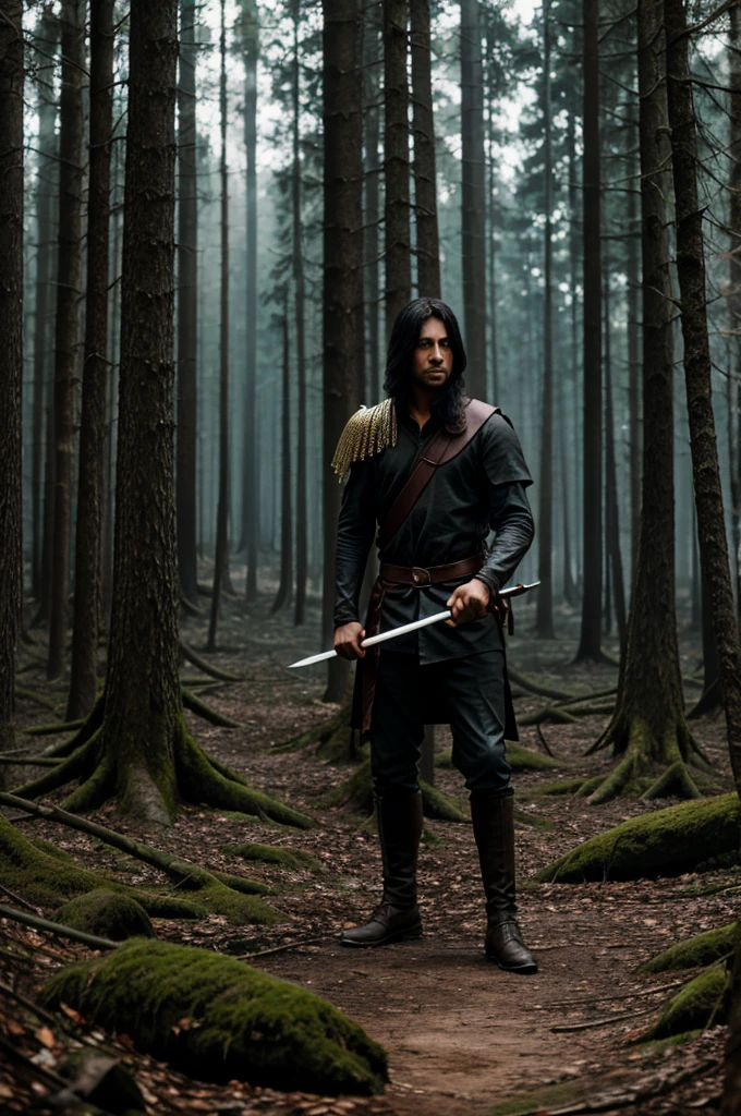 A dark forest and a fireing sword in forest