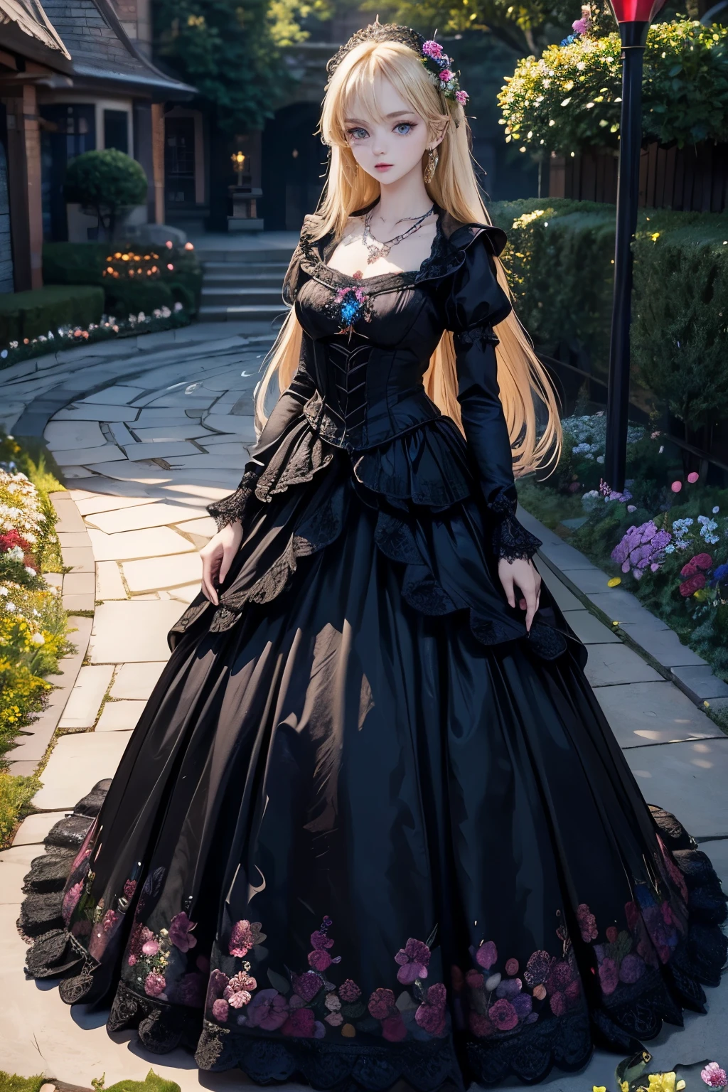 masterpiece,Highest quality,Very detailed,beautiful girl,Gorgeous Gothic Lolita Dress,Gorgeous necklace, teenager, (full body),Blonde,blue eyes,Perfect Face,Beautiful and detailed eyes,Beautiful Skin,skinny,Dynamic,Outdoor,Beautiful flowering garden,Lots of flowers