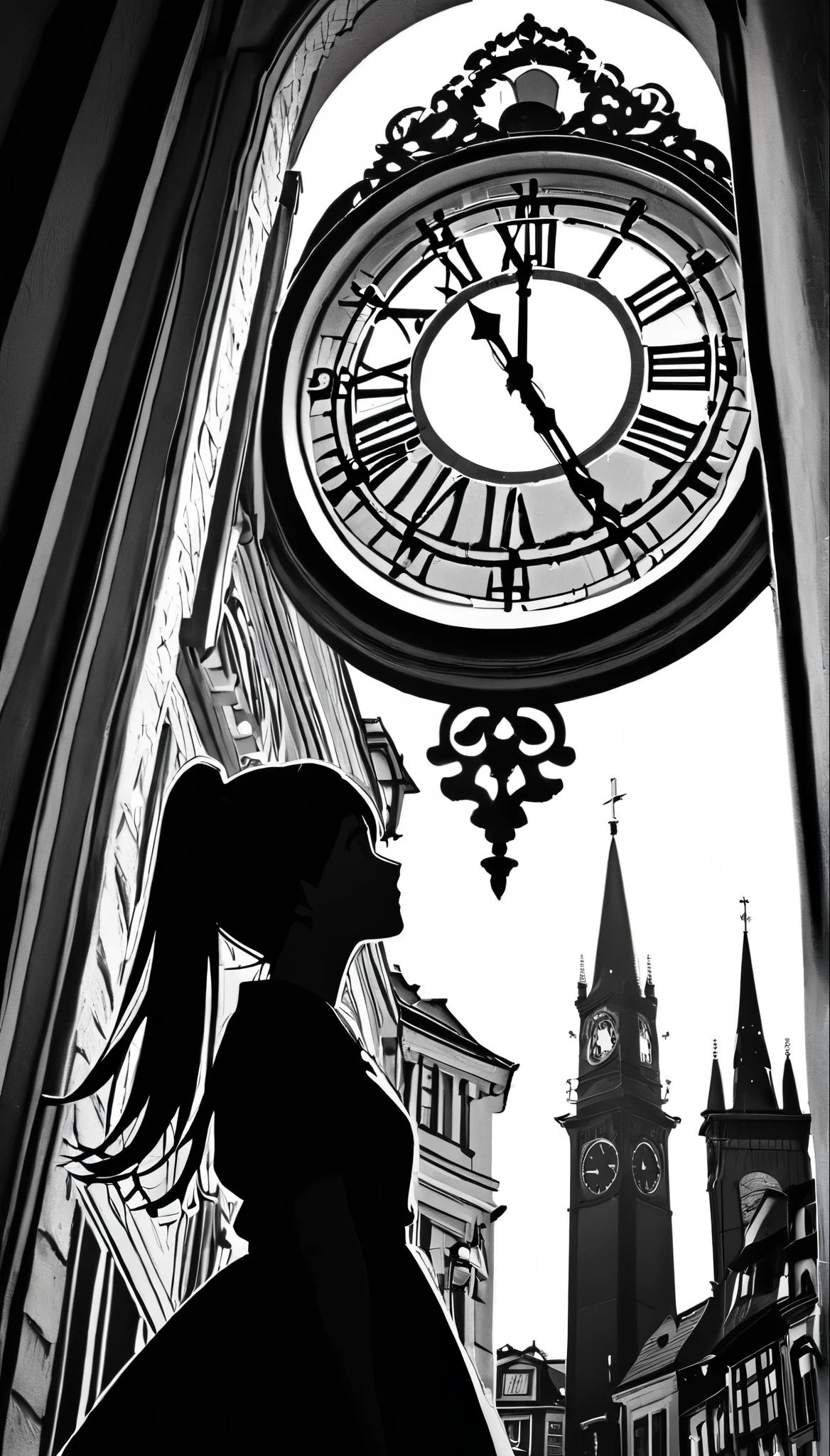 ((Monochrome artwork))、((Paper cutting style)),High contrast、(8k, Highest quality)、Ultra-high resolution、adorable、Highest quality, beautiful, Absurd beauty、masterpiece、Best image quality、(Silhouette),Clock Tower and Girl Theme、European Landscape、Clock Tower Background、A girl taking a commemorative photo、Looking up from below、Emphasize shading