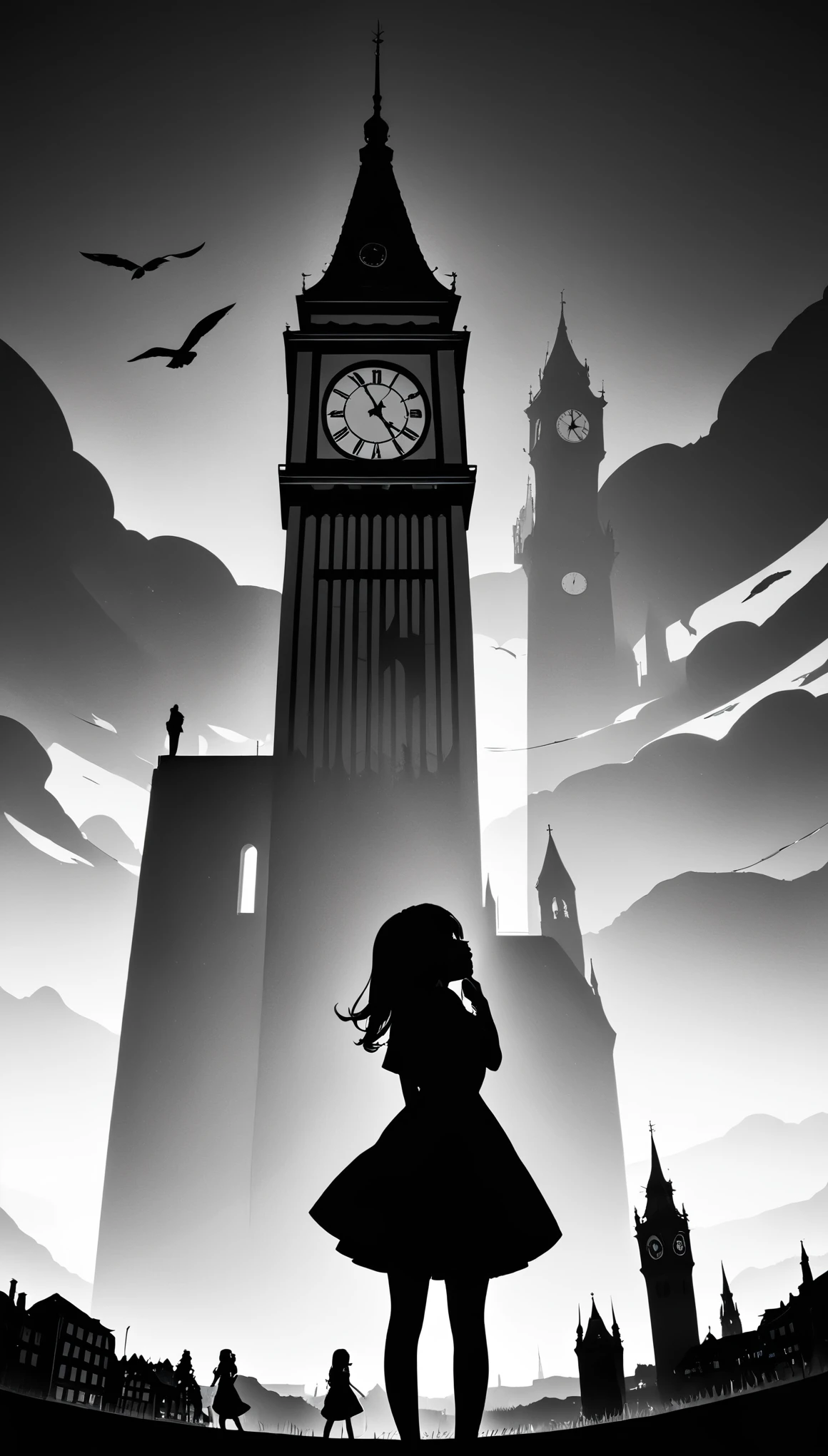 ((Monochrome artwork))、((PAPERCUT)),High contrast、(8k, Highest quality)、Ultra-high resolution、adorable、Highest quality, beautiful, Absurd beauty、masterpiece、Best image quality、(Silhouette),Clock Tower and Girl Theme、European Landscape、Clock Tower Background、A girl taking a commemorative photo、Looking up from below、Emphasize shading