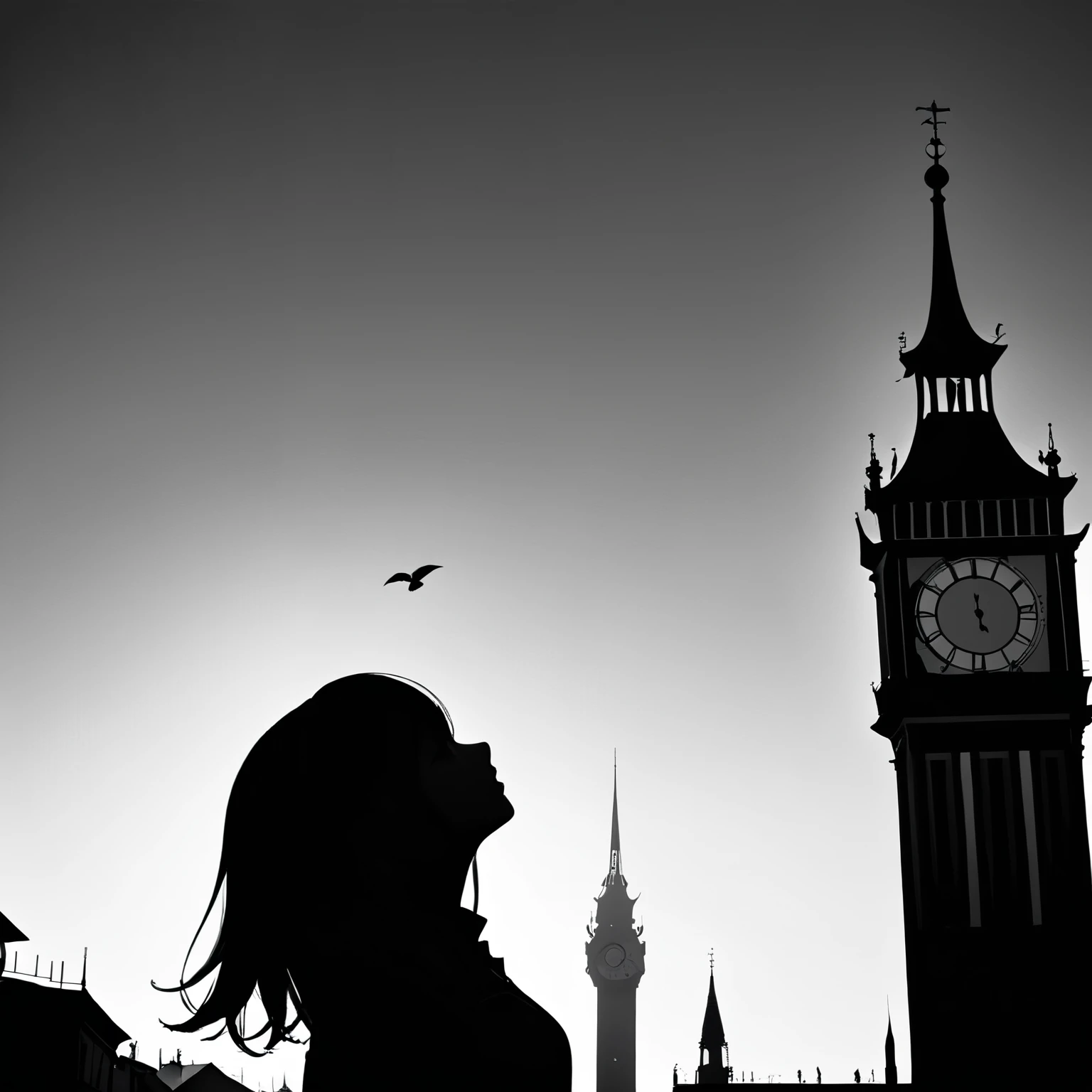 ((Monochrome artwork))、((PAPERCUT)),High contrast、(8k, Highest quality)、Ultra-high resolution、adorable、Highest quality, beautiful, Absurd beauty、masterpiece、Best image quality、(Silhouette),Clock Tower and Girl Theme、European Landscape、Clock Tower Background、A girl taking a commemorative photo、Looking up from below、Emphasize shading