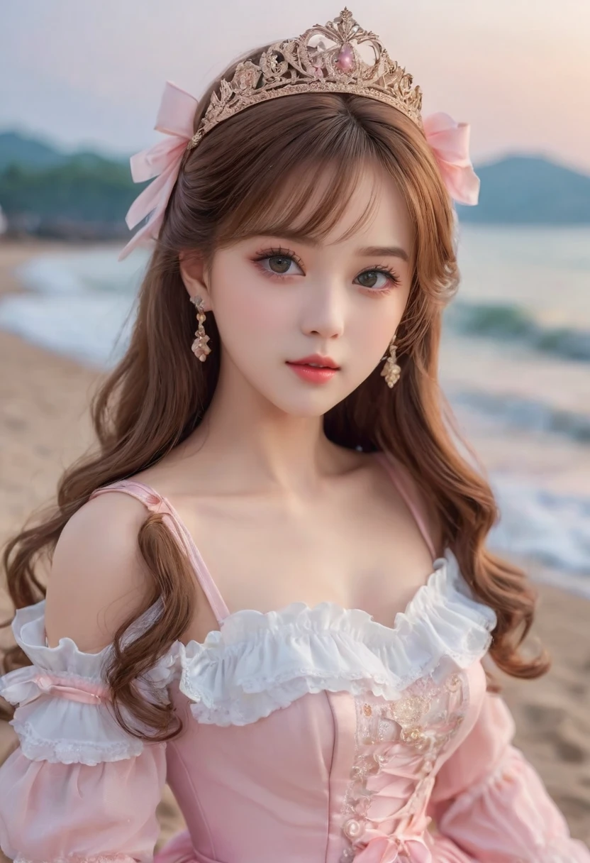 Highest quality, Super nothing, Realistic, Beautiful Woman Photos, Young people in their 30s, Detailed face, Brown Hair,Beautiful Hair、Exquisite porcelain doll,Delicate clothes with plenty of frills and ribbons), (Face close-up), Attractive look, Looking at the audience、High Performance、High quality waiting to start (Highest quality, 8k, masterpiece: 1.3), Clear focus: 1.2, beauty: 1.4, Abdominal muscles: 1.1, Brown Hair, Princess Dress: 1.4, Outdoors at night: 1.1, Beautiful face and eyes, double eyelid. Add Realistic lighting, Simple Background.Luxury Dresses、Pink Dress