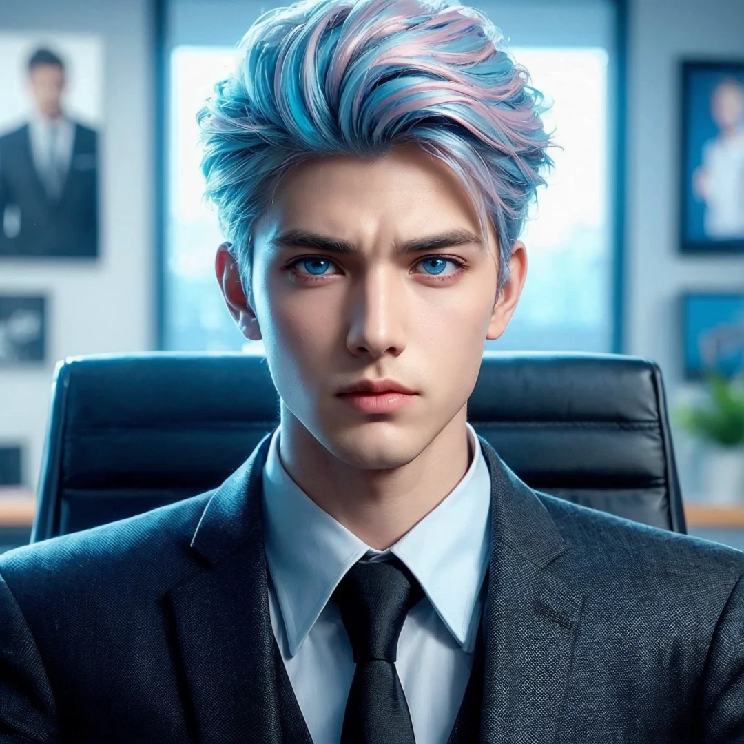 Handsome boy, blue eyes, white hair highlighted with pink and turquoise, serious face, wearing black formal suit, CEO office background