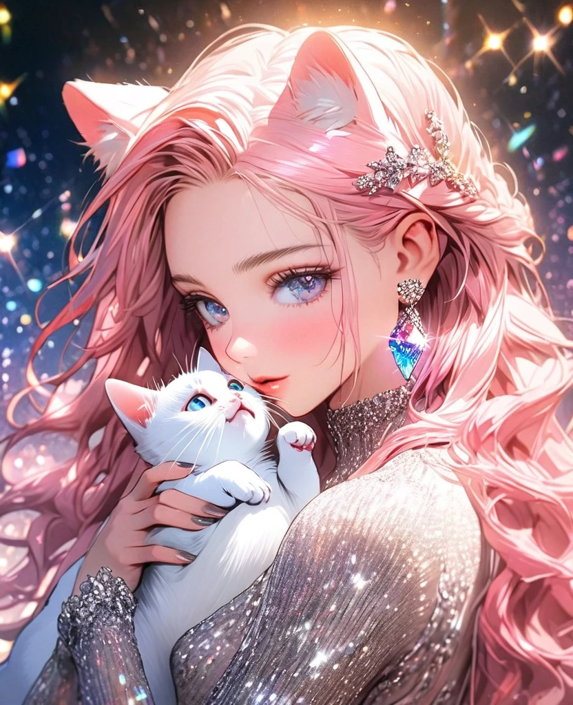 8K,gal,an extremely delicate and beautiful,Beautiful and realistic skin,Shiny jewel-like earrings,Shine like glitter long pink hair,beautiful eyes,glitter background,white tight knit dress,holding a kitten