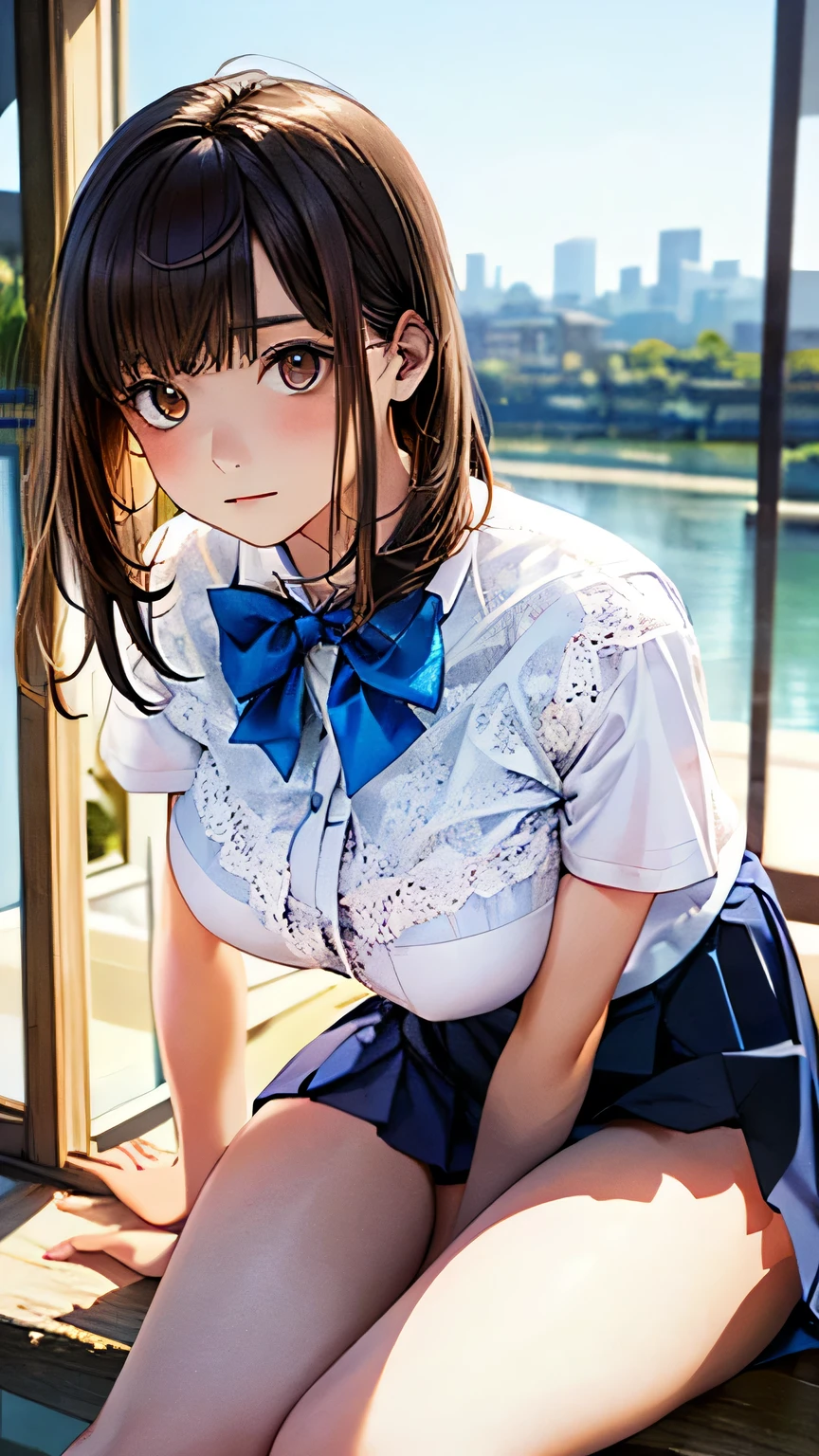 (masterpiece:1.2, Highest quality), (Realistic, photoRealistic:1.4), Beautiful illustrations, (Natural Side Lighting, Cinema Lighting), 
View your viewers, 1 girl, Japanese, Junior high school girl, 14 years old, Perfect Face, cute and symmetrical face, Glowing Skin, thin, 
(Mid-length hair:1.2, Half Up:1.4, Light brown hair), Asymmetrical bangs, Brown eyes, Long eyelashes, (Mid-chest:0.7), 
Beautiful Hair, Beautiful Face, Beautiful details, Beautiful clavicle, Beautiful body, Beautiful breasts, Beautiful thighs, Beautiful feet, Beautiful fingers,  ((Very large saggy tits)), ((In underwear、White lace underwear))((Fullback panties))Underarm , Slightly , Very large breasts, Full body angle, 14 year old woman , Thick thighs
((Detailed cloth texture, Short sleeve white collar shirt, Blue pleated mini skirt, Blue bow tie)), 
(Beautiful views), evening, (River side), Are standing, (cute, cute smile, Upward glance),