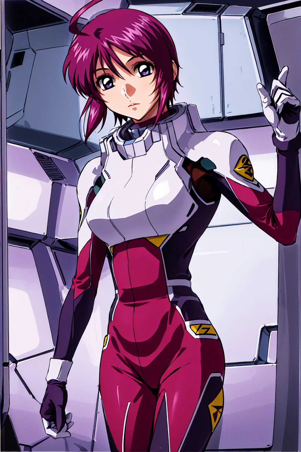 masterpiece, Highest quality, High resolution, One girl, alone, short hair, Ahoge, Redhead, Purple eyes, Purple Hair, Pilot Suit, gloves, Cowboy Shot, Are standing, Spaceship, indoor