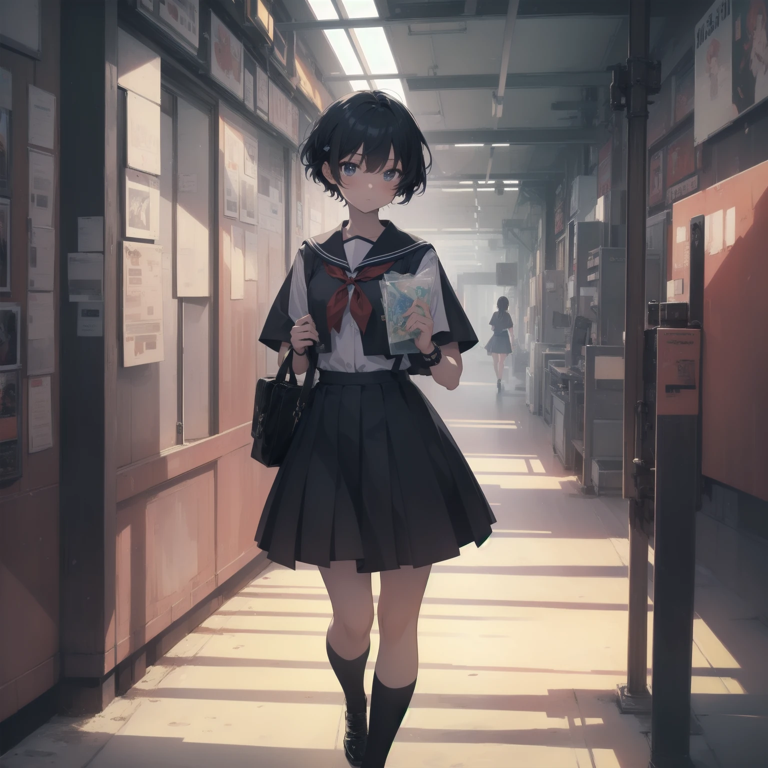 ultra-absurdres-Top quality by artist God, ultra-detailed, high resolution, anime moe artstyle, best anime 8k konachan wallpaper, pixiv contest winner, pool:2810, perfect anatomy,break, 1girl, (Please draw a girl walking sleepily to school alone. )break,(Solo,little female, -yeld:1.Full limbs, complete fingers,a junior hihort hair), short cut, flat chest, , small butt, small black eyes, beautiful detailed eyes, well-proportioned iris and pupils, expressive eyes, highres detailed hair, soft expression, salor school_uniform, sailor collar, serahuku, bow, pleated skirt,(Detailed Lighting), (Detailed background), in the School commute route. break,super detailed skin, Best cinematic lighting powered by famous artist, 8k,beauty illustration,photoshop_(medium),very aesthetic,break,((artist:anti_(untea9) )), artist:clamp ,artist:carnelian ,artist:kantoku ,