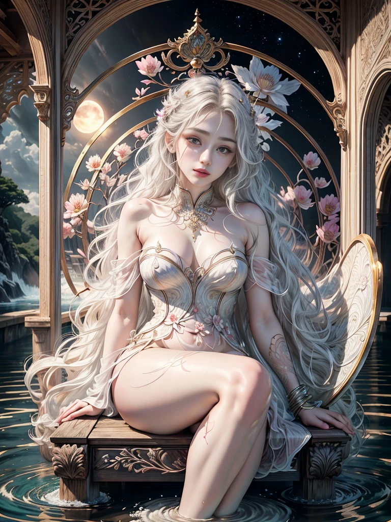 MASTERPIECE, Stunning, Spectator, reality, full body in shot, Platinum hair, long curly hair, Real water, White transparent mini shirt, Transparent white thong, bath in river pond, extremely detailed art, blush, water runs down the body, small breasts, open legs, sexual arousal, sexual expression, shiny skin, intricate, elegant, highly detailed digital photography, majestic, surreal painting, golden butterfly filigree, broken glass, (masterpiece, side lighting, finely detailed beautiful eyes: 1.2), hdr, (masterpiece), best quality, expressive eyes looking sideways, perfect face, portrait of beautiful goddess with platinum hair, intricate, elegant, highly detailed, majestic, digital photography, (masterpiece, side lighting, beautiful finely detailed eyes: 1.2), HDR, (detailed background window to a new dimension, plants and flowers: 0.7) infinity, infinity symbol, night sky with full moon, (masterpiece), best quality, expressive eyes, perfect face, very detailed face and body, cinematic lighting, photorealistic, 1 girl, 18 years old, dark brown eyes, big eyes, very slim body, lying on her back over pond, (legs open), pink lips, well lit, beautiful and aesthetic: 1.2), (1 girl), extremely detailed, (fractal art: 1.3), colorful, more detailed, beautiful goddess emerging from the ocean, caucasian girl with shiny silver hair, full female body, golden eyes, wild waves, big waves , oriental mandala tattoos, transparent dresses, skin wet with water, stormy sky, sunset sky, red storm clouds, ancient temple floating in the sea, floating old clock, lamp, lantern, beautiful girl with a slight smile, forest, flowers and roses, no panties, sitting on marble pedestal, front view, magic, fantasy, Lord of the Rings world, waterfall, mandala and flower tattoos toes submerged in water