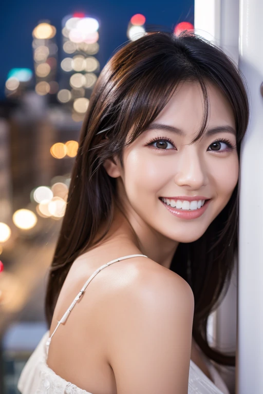 Highest Resolution, 4K, masterpiece: 1.3), Japanese Mature, A photo of a woman, sexy: 1.1, Beautiful Eyes, Slim figure, Realistic teeth, double eyelid, whole body, Highest quality, detailed, beauty, Married women, On the balcony, night