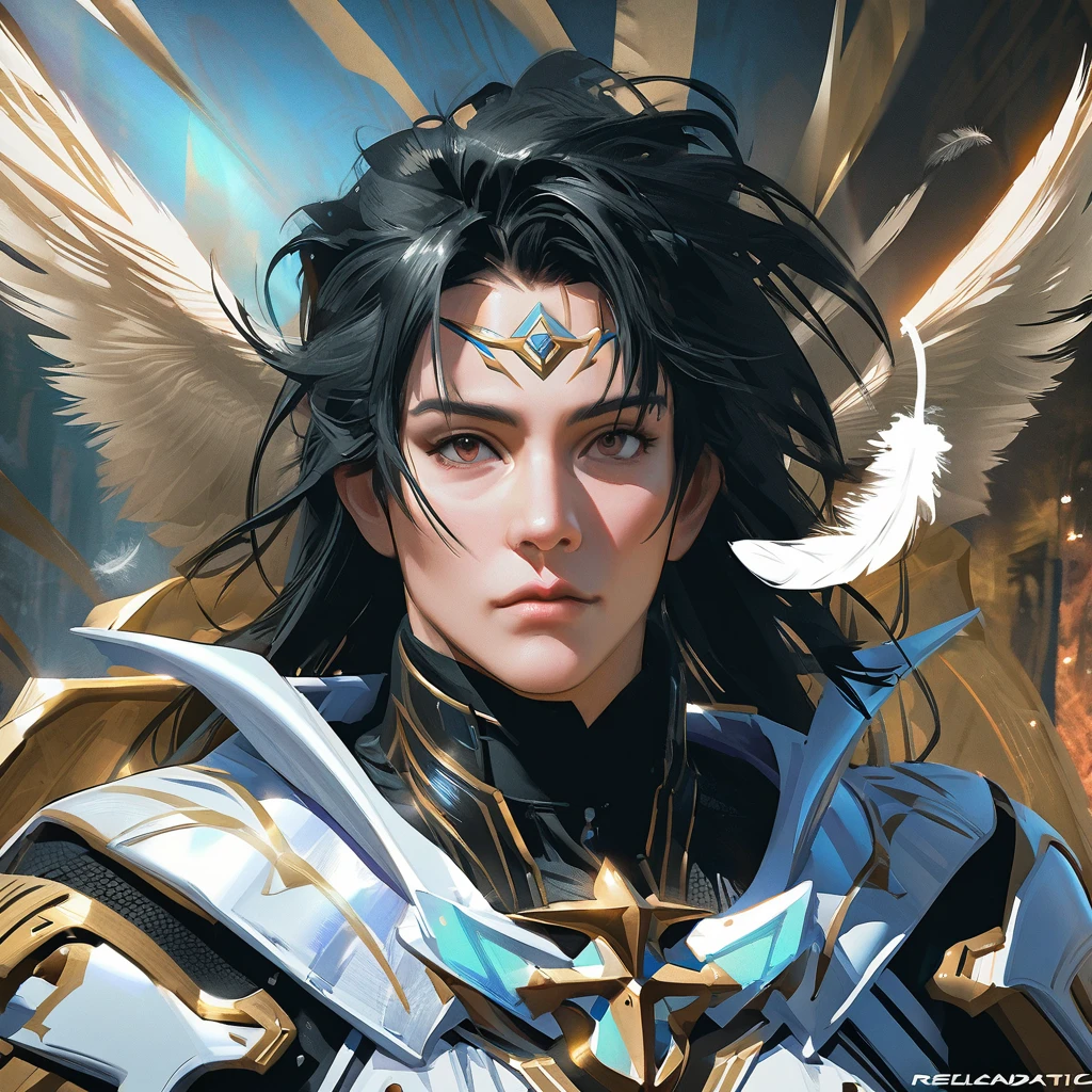 portrait angel man omega celestial with sacred armor, falling angel feathers, in the style of realism, 8k, estilo Angel Sanctuary, realisitic