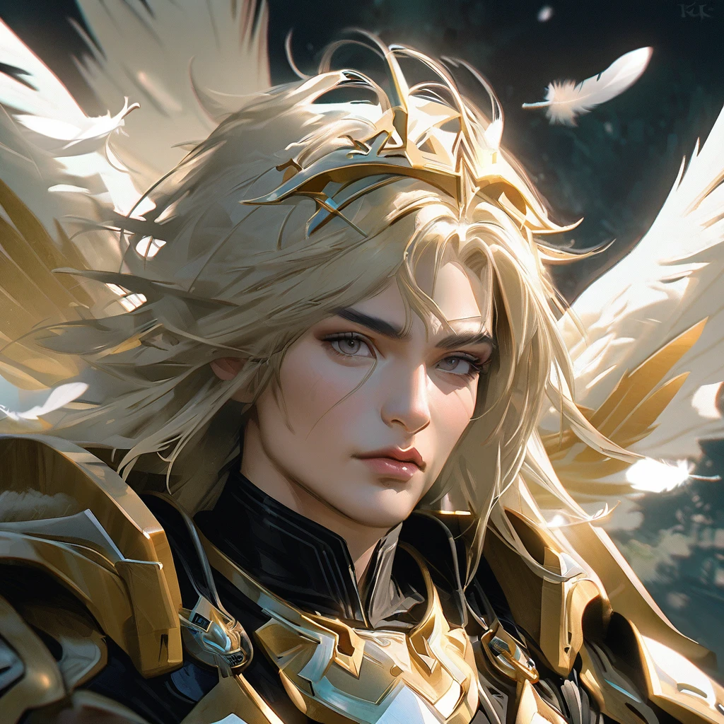 portrait angel man omega celestial with sacred armor, falling angel feathers, in the style of realism, 8k, estilo Angel Sanctuary, realisitic