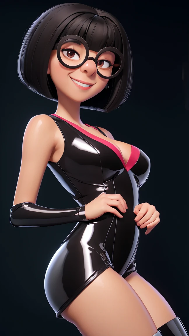 (best quality:1.4),(shiny skin), spreas my legs, spread your legs, body focus, (cute face), (((best quality))), illustration, ((Beautiful Finger)), , Beautiful body, Beautiful character design, ,perfect lighting, Colorful, Bright_Front_face_Lighting, ultra high res, highres, absurdres:1.2, bokeh:1.2, lens flare, (vibrant_color:1.2), (Beautiful, medium breasts:1.2), (thick thighs:1.1), THICK, 1girl,
Short black hair, large round glasses, big round eyes with light pupils, thin eyebrows, small nose, light skin tone, subtle smile, hands on hips, brown eyes, Edna Moda, full body view, show sexy legs, bug breasts, sexy, provocative