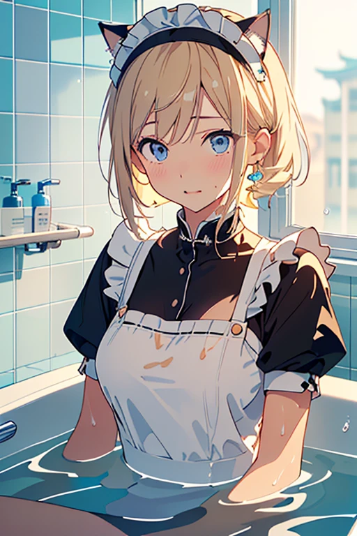 (Ultra high quality:1.6), (Highest quality:1.4), (Attention to detail:1.4), (Ultra-high resolution:1.4), (Detailed face:1.4), (Perfect Face:1,4), (Beautiful Eyes:1,4), (Detailed eyes:1.4), (Ultra-high resolution:1.4), (Maid clothes, White apron, Headband, Black Dress, Blue ribbon, Maid clothes, Classic, Long:1.4), (白と黒のMaid clothes), (Blonde, Blue Eyes, Cat ear), cute, The best smile, (全身にWater Drop:1.4), (Swimming in clothes, bath, Bathroom, Longのバスタブ:1.4), (relax, Sit back), Sit back and relax, looks comfortable, 
(Even my clothes are wet:1.4), (Water Drop:1.4), Soaking wet, ((Entering the bath with clothes on:1.6)), (つま先から胸までSubmersion:1.6), (Plenty of hot water, Submersion),  
