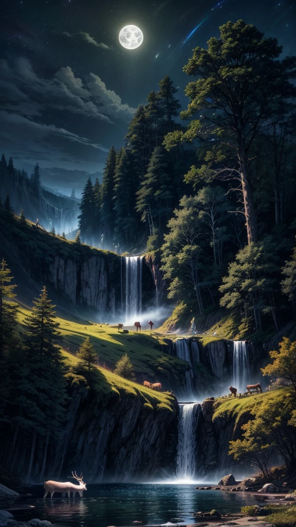 masterpiece, best quality, high quality, CG, 8K, landscape, night, Sky, cloud, unmanned ,Dense forest, Beautiful waterfall, rainbow, Fantasy image, firefly, moonlight, aurora, Tree, black snake on Tree, Apple herd, moose, Albino deer, White Rabbit,