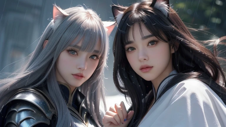 Realistic beautiful 2 girls in the rain with swords and a sword, badass realistic cosplay 4k, hajime yatate, epic realistic style, two beautiful handsome men, ((anime cosplay)), detailed key beautiful girls, he has dark grey hairs, cosplay top 25 fantasy anime series, still from tv anime, white cat cool beautiful girls, today's featured realistic still, 8k!, pretty young girls, (both have cat ears), ((furry)), ((both have hair blunt bangs)), perfect lighting