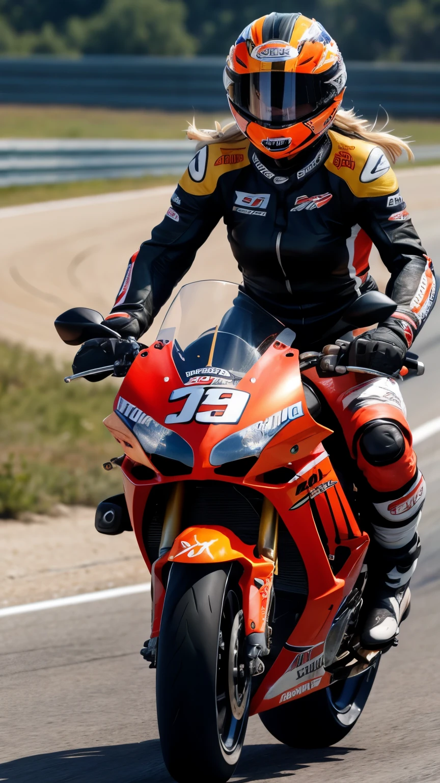 beautiful blonde, 25 years, American woman, motorcycle racing outсо ответствовать, in a helmet, rushes at high speed along the highway, blur of surroundings, speed, clung to the motorcycle, Sorvigolov, realistic, 8 K, Code photo, photo realistic, slender body, correspond, big breasts, riding a Honda Repsol superbike