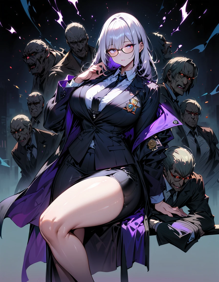 Mature beautiful woman,(Highest quality,Extremely detailed depiction,Incredibly absurd high resolution,Anatomically accurate depiction,Curvy Legs),(Glowing Skin,Shiny skin,),Cool female lawyer,Formal suit,Tight Skirt,Black Pantyhose,Lawyer Badge,Black tie,Glasses,Half-closed eyes:1.3,Large breasts,Under trial,background:Under trialの法廷:1.5
