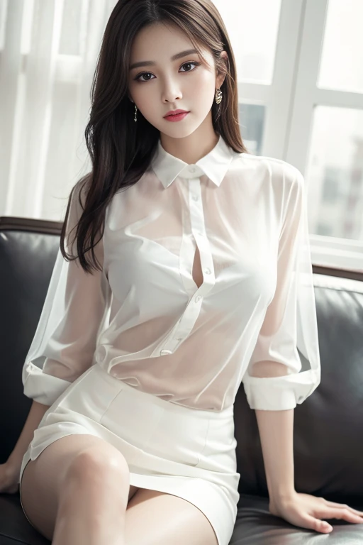 masterpiece, best quality, Practical, Very detailed, Finer details, high resolution, 8k wallpaper, A beautiful woman, Wear an elegant white see-through shirt, Perfect dynamic composition, Pretty and beautiful eyes、Sitting on the sofa、
