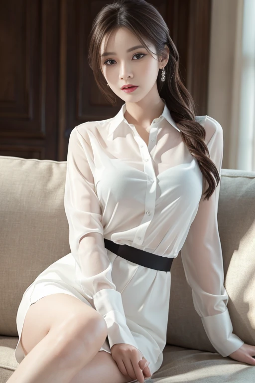 (photo portrait:1.0), (a woman wearing elegant clothes), brown hair, dark eyes, hand on hip, ((((upper body))))