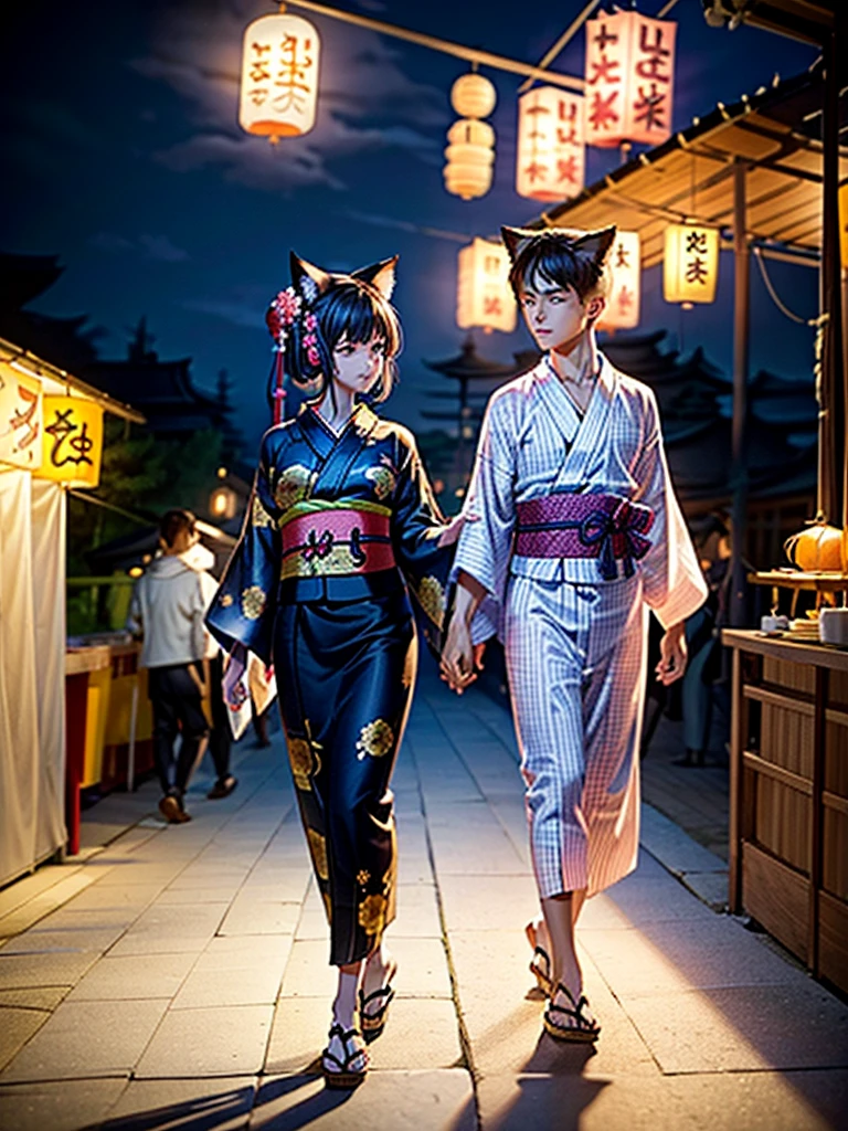 Masterpiece,Highest Resolution,Highest quality,(((Summer festival lovers))),A beautiful boy with a shaved head and a beautiful girl with cat ears walk hand in hand,night,stall,firework,(((yukata))),