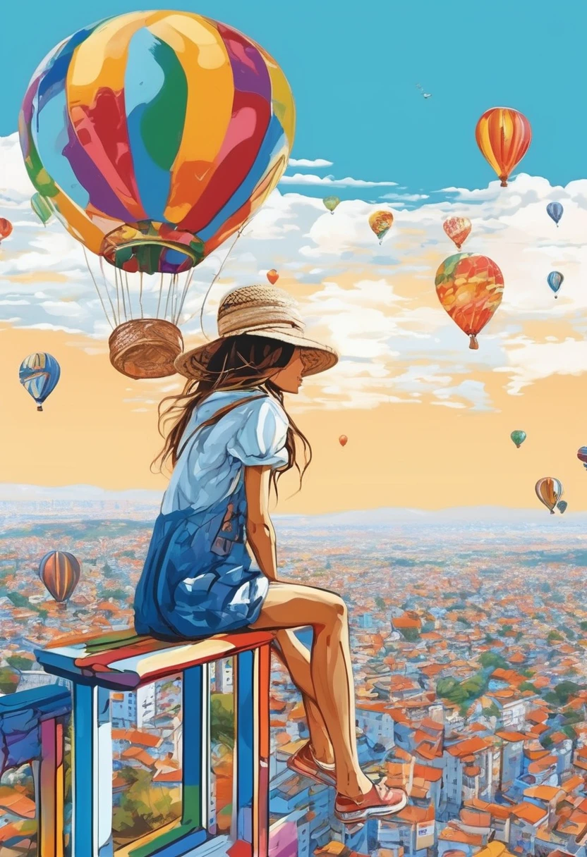 A girl sitting on a tricolor balloon、Girl in a straw hat、Smile、beautiful girl、profile、Flying high in the blue sky、Below you can see a small picture of the city.、Fancy、Pop Art、masterpiece、High definition、far and near method、warm color