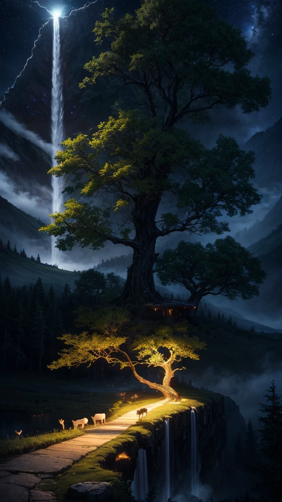 masterpiece, best quality, high quality, CG, 8K, landscape, night, Sky, cloud, unmanned ,Dense forest, Beautiful waterfall, rainbow, Fantasy image, firefly, moonlight, aurora, Tree, black snake on Tree, Apple herd, moose, Albino deer, White Rabbit,
