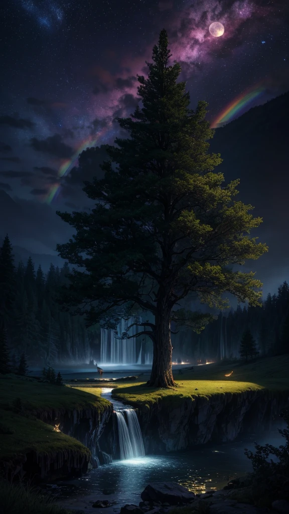 masterpiece, best quality, high quality, CG, 8K, landscape, night, Sky, cloud, unmanned ,Dense forest, Beautiful waterfall, rainbow, Fantasy image, firefly, moonlight, aurora, Tree, black snake on Tree, Apple herd, moose, Albino deer, White Rabbit,