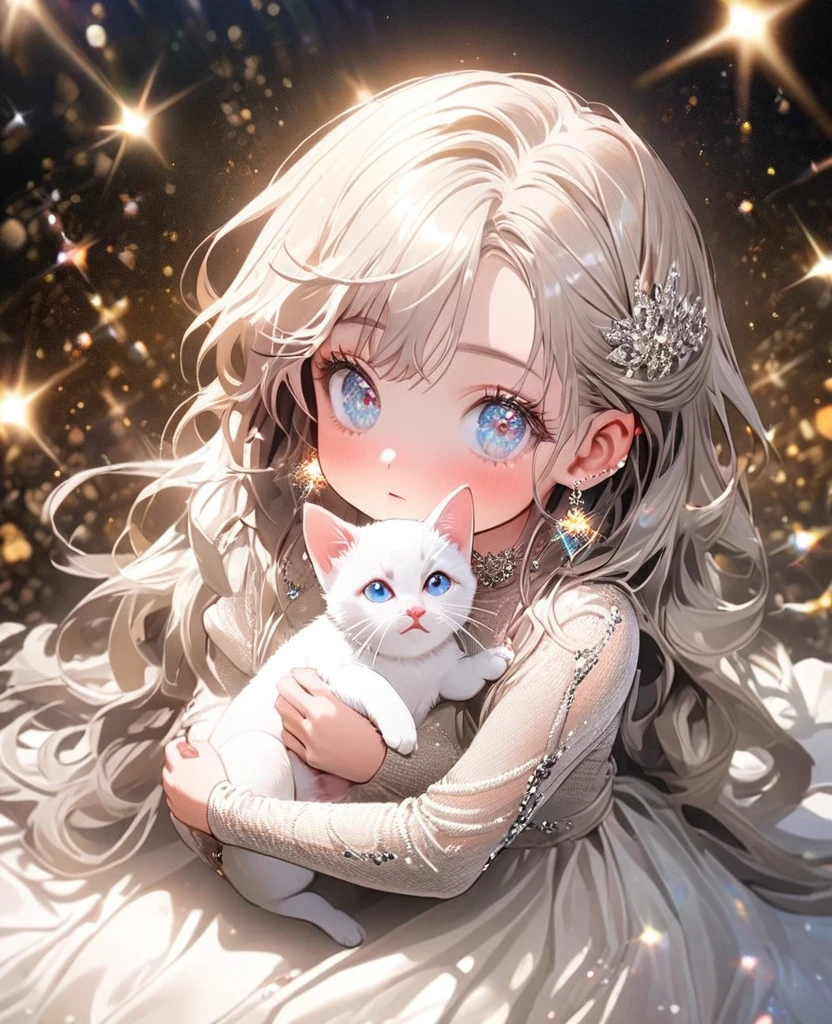 8K,gal,an extremely delicate and beautiful,Beautiful and realistic skin,Shiny jewel-like earrings,Shine like glitter long silver hair,beautiful eyes,glitter background,white tight knit dress,holding a kitten,full body