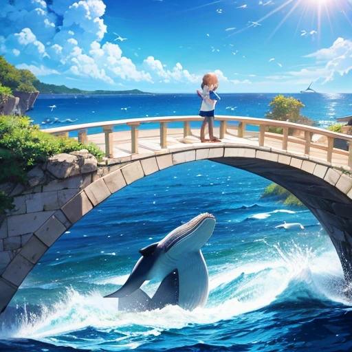 whale talking to a starfish, in the background an M-shaped bridge in a blue sea with little fish playing