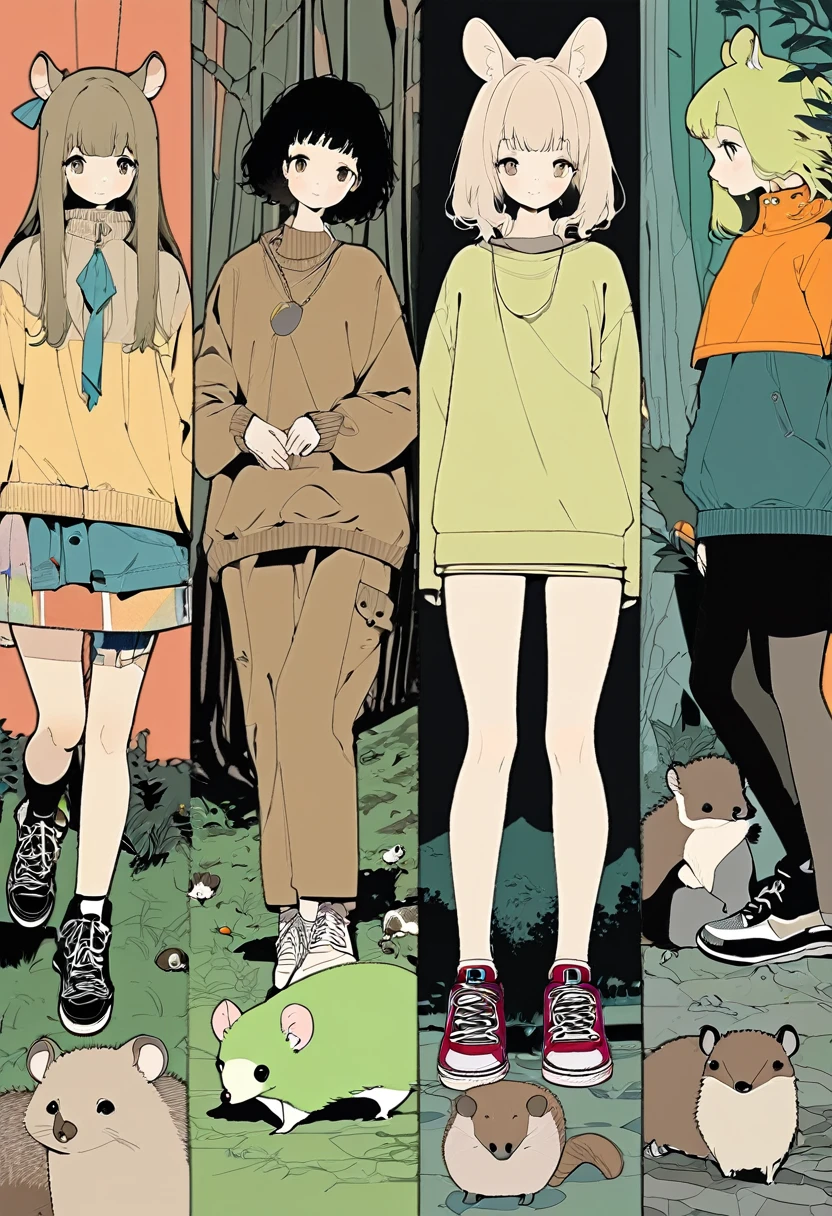 (masterpiece, best quality,ultra highres),(collage art),flat color,animal girl standing at forest,(Quacka Wallaby, Kakapo, Possum, Hedgehog,),nostalgic melancholic artwork, inspired by Victo Ngai cmyk palette, contemporary artistic collage,