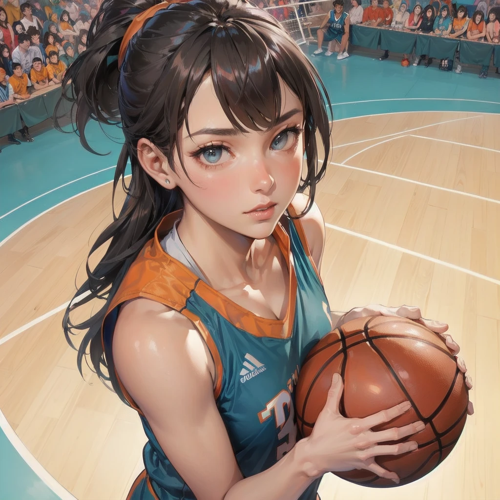  masterpiece, (textured skin), best quality, gorgeous beautiful girl, (a female basketball athlete), detailed clothes,large breasts,narrow waist,, (beautiful face), cinematic lighting, (at basketball venue ),