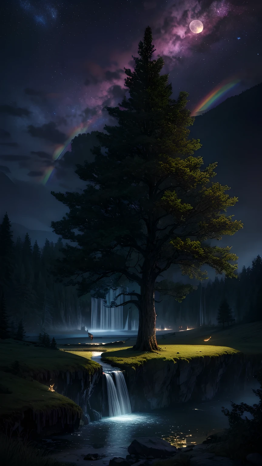 masterpiece, best quality, high quality, CG, 8K, landscape, night, Sky, cloud, unmanned ,Dense forest, Beautiful waterfall, rainbow, Fantasy image, firefly, moonlight, aurora, Tree, black snake on Tree, Apple herd, moose, Albino deer, White Rabbit,