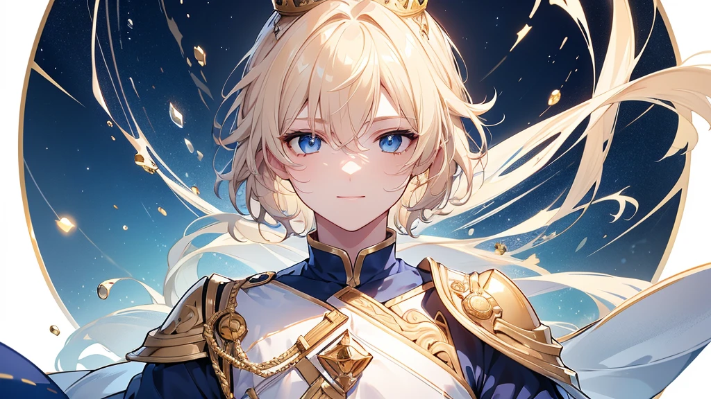 (Highest quality) (4K) (8k) (High resolution) (masterpiece:1.2) (Super detailed) One boy short hair Wizard Blue Eyes Long sleeve Golden decoration Hair between the eyes White Dress Wavy golden hair Upper Body (large crown) (White Background) (profile) Face close-up Young smile
