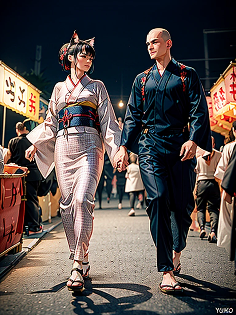 Masterpiece,Highest Resolution,Highest quality,(((Summer festival lovers))),A beautiful boy with a shaved head and a beautiful girl with cat ears walk hand in hand,night,stall,firework,(((yukata))),