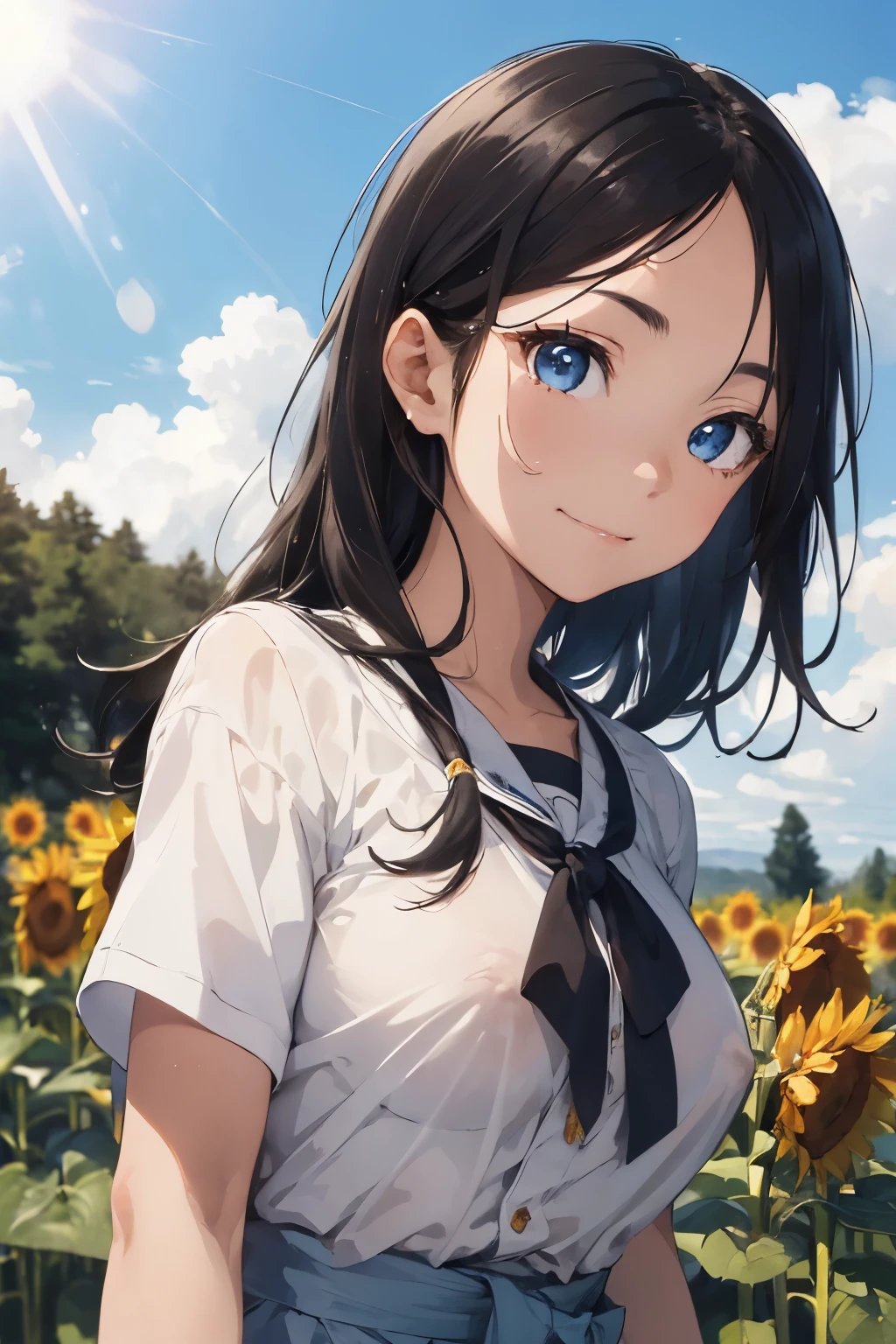 ((Highest quality)), ((masterpiece)), (detailed), (Japanese),, Black Hair,(Childish face), (long hair), Girl, big Breasts, Small nipples, , ((Blue eyes)),half-smile ,, Sunlight, cowboy shot, arched back, (extreme_close_up) ,Sunflower field,