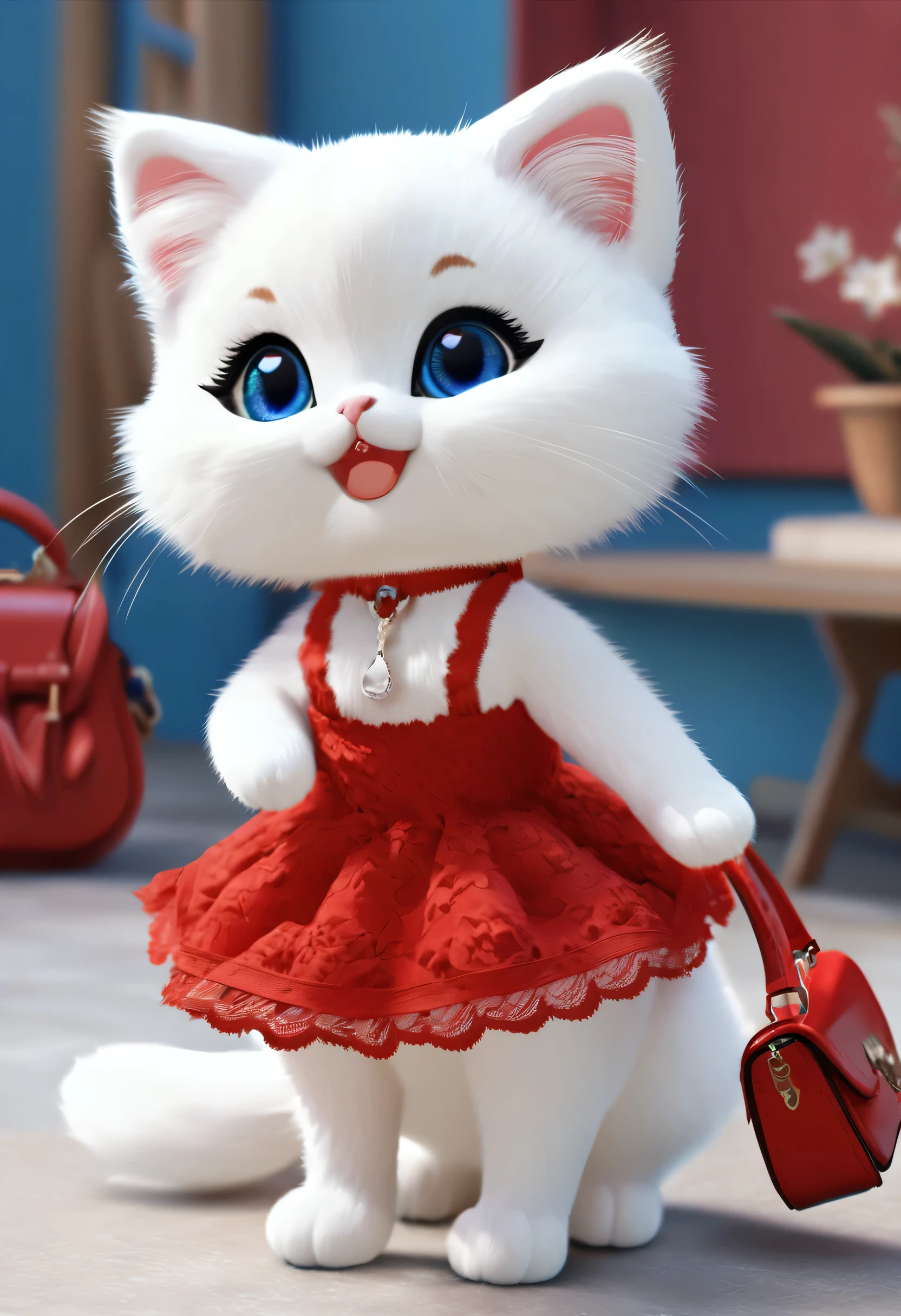 plush cat, white fur, like an ermine, stands on its hind legs, in a red lace dress, red shoes, red bag, blue doll eyes with large eyelashes, smiles with its mouth open, speaks, moves its paws, spread to the sides, 3d style, 8k , 4k, HD, clean background, chibi style,
 I always have sweet cats and cats, animals