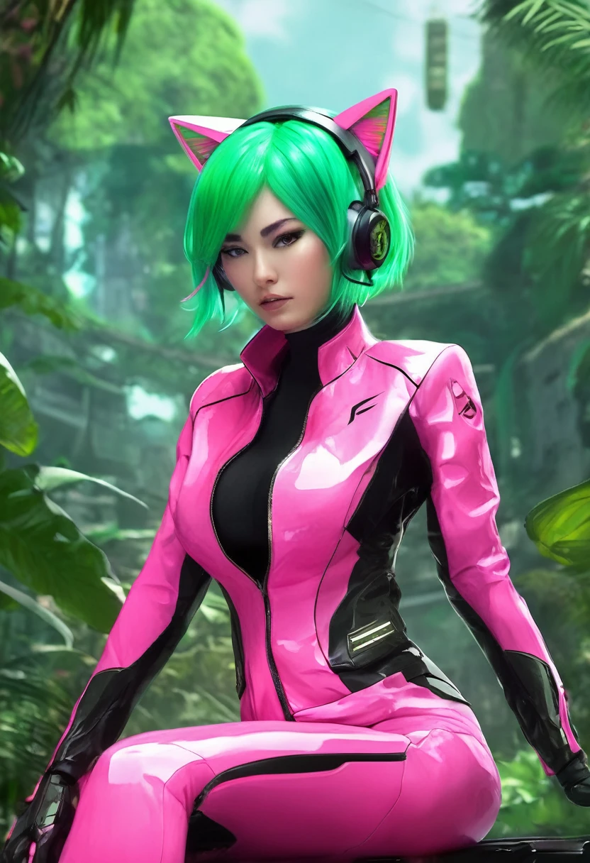 (best quality), (masterpiece), (highres), photorealistic, high resolution, soft light,1 girl , green hair, bang hair, suit colors based on pink, wear pink suit, cat ears, plumpy body, cleavage, narutal big breast,, sit sexy pose, detailed face, jungle background, cybersamurai, cyborg at leg and arm, naked body, cyberpunk, sit, glowing, on the jungle, with mecha,