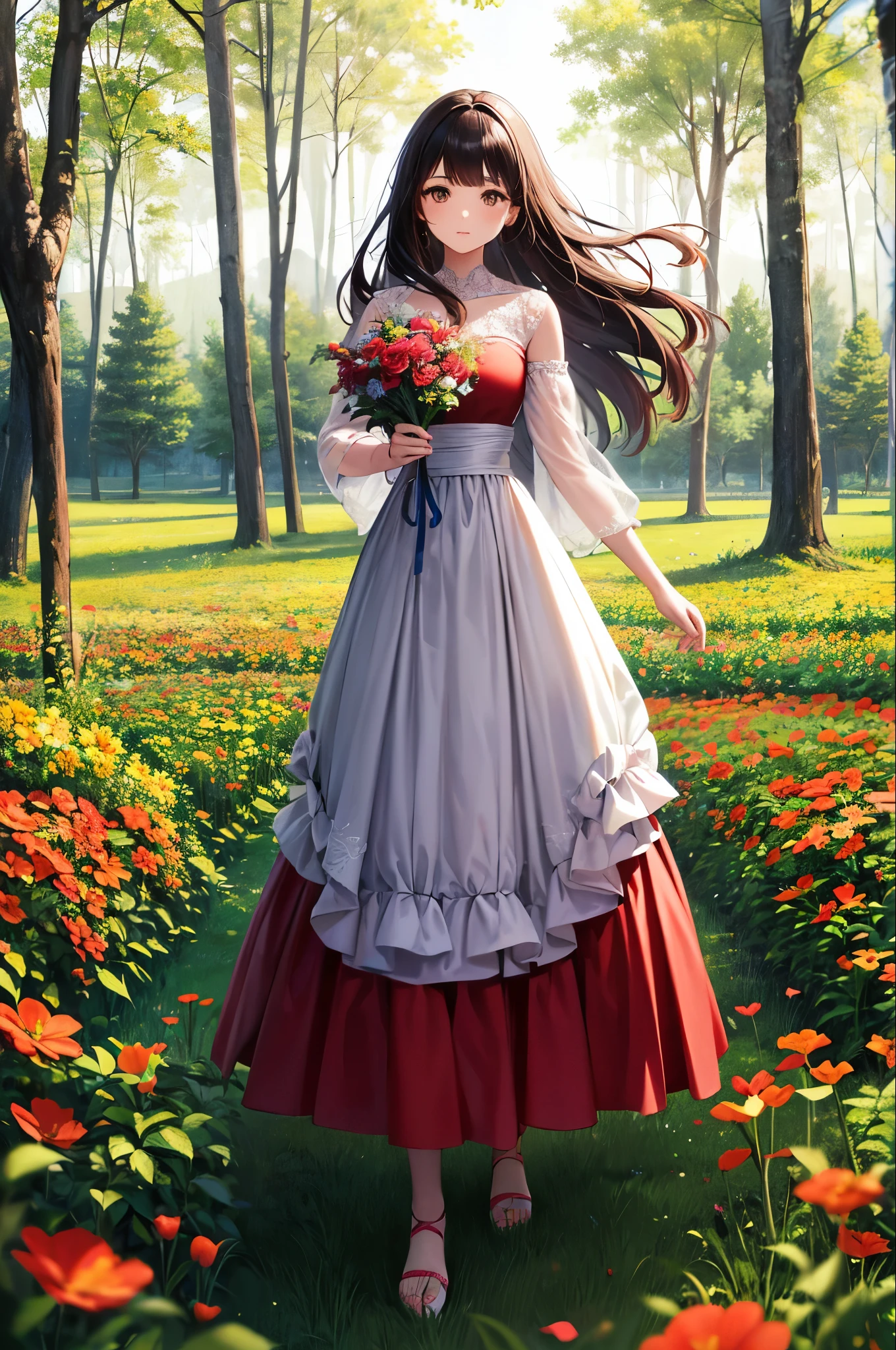 There is a wearing a red and white dress and holding a bouquet of flowers., Girl in Flowers, Flower picking, Holding flowers, Picking flowers, Girl standing in a flower field, Girl standing in a flower field, Portrait of a girl in a flower garden, Girl walking in the forest,