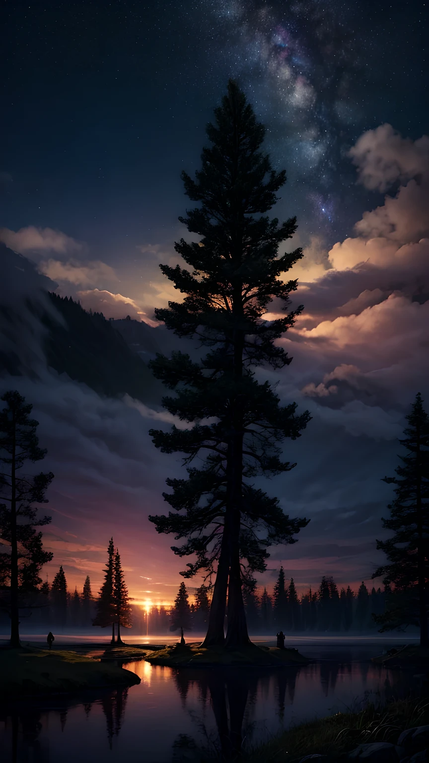 masterpiece, best quality, high quality, CG, 8K, landscape, night, Sky, cloud, unmanned ,Dense forest, Beautiful waterfall, rainbow, Fantasy image, firefly, moonlight, aurora, Tree, black snake on Tree, Apple herd, moose, Albino deer, White Rabbit,