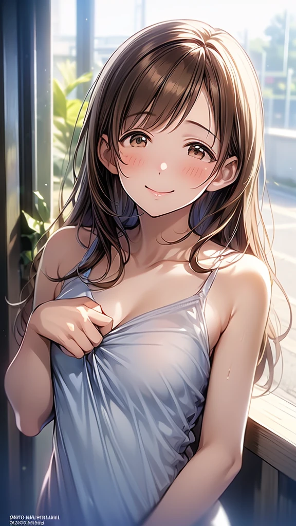 Highest quality、high resolution、High definition、HD、(Nitta Minami、Long Hair、Medium chest、Brown Hair、Brown eyes、Glossy lips、Glowing Skin、Realistic skin texture、((Completely naked))、Cover your chest with your hands)、Staring at me、Love me、blush、Laughing with your mouth open)、(Upper body only、Very close to me)